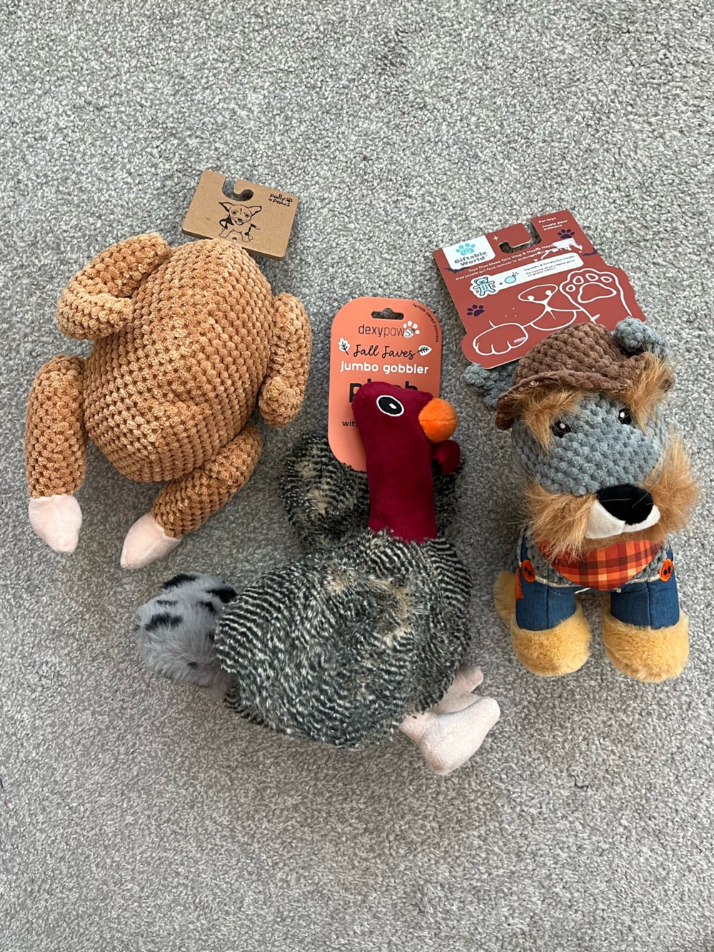 NWT Dog Toy Thanksgiving Bundle. Dog Scarecrow, Turkey Animal & Turkey “Cooked”